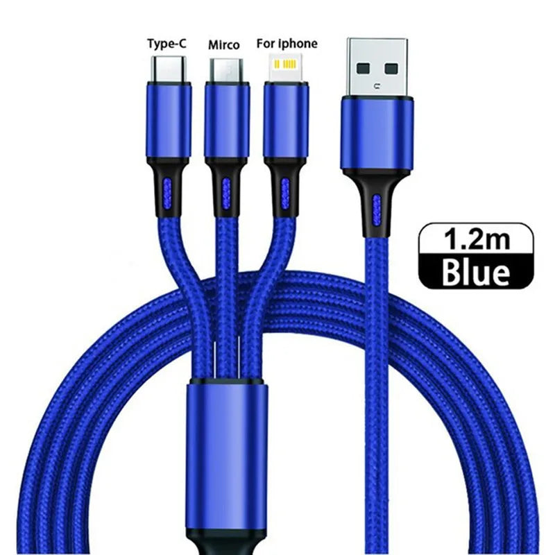 3 in1 Charging Cable Multi Usb Port Multiple Usb Charging Cord Type C Micro Charger Mobile Phone Wire For iPhone 14 13 12 Xiaomi