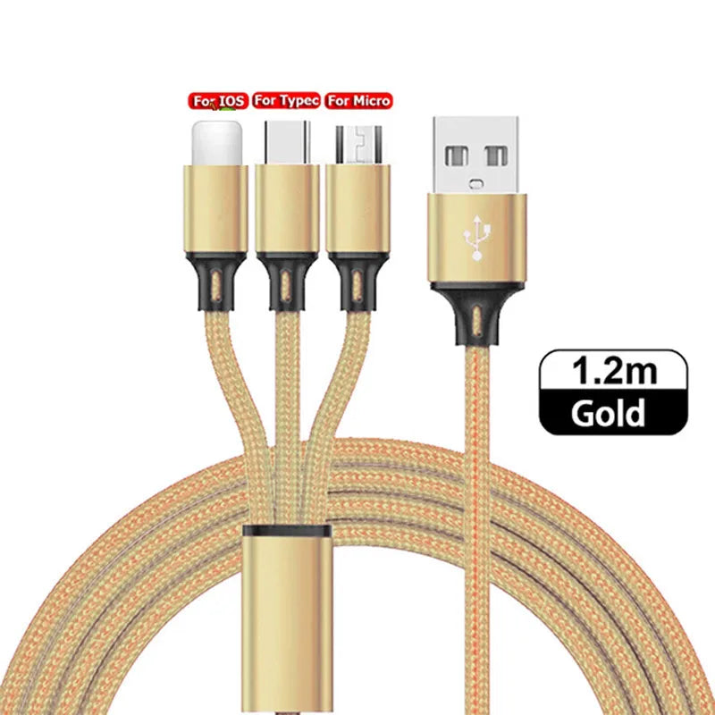 3 in1 Charging Cable Multi Usb Port Multiple Usb Charging Cord Type C Micro Charger Mobile Phone Wire For iPhone 14 13 12 Xiaomi