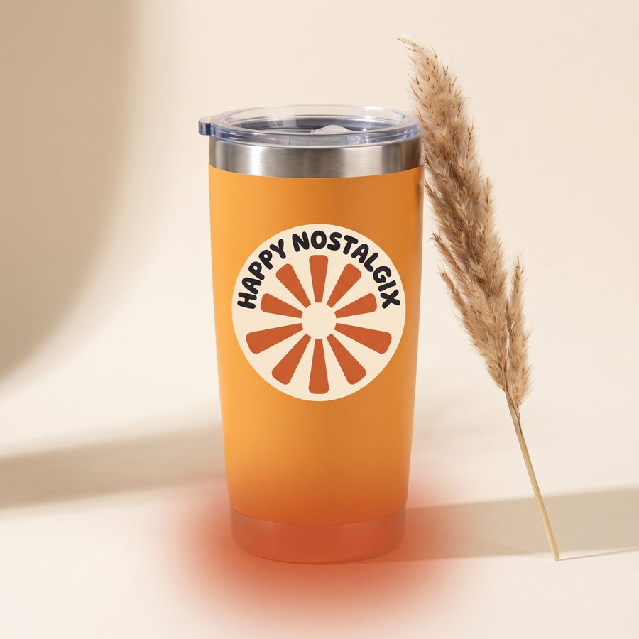 Happy Nostalgix branded travel tumbler