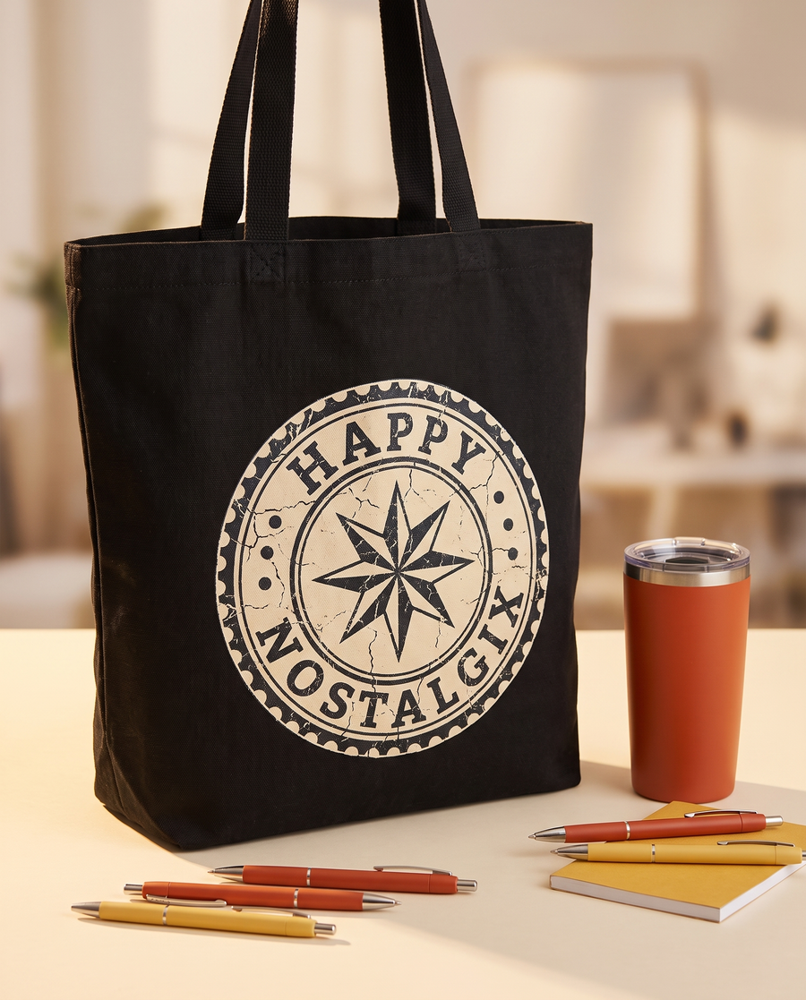 Happy Nostalgix branded tote bag