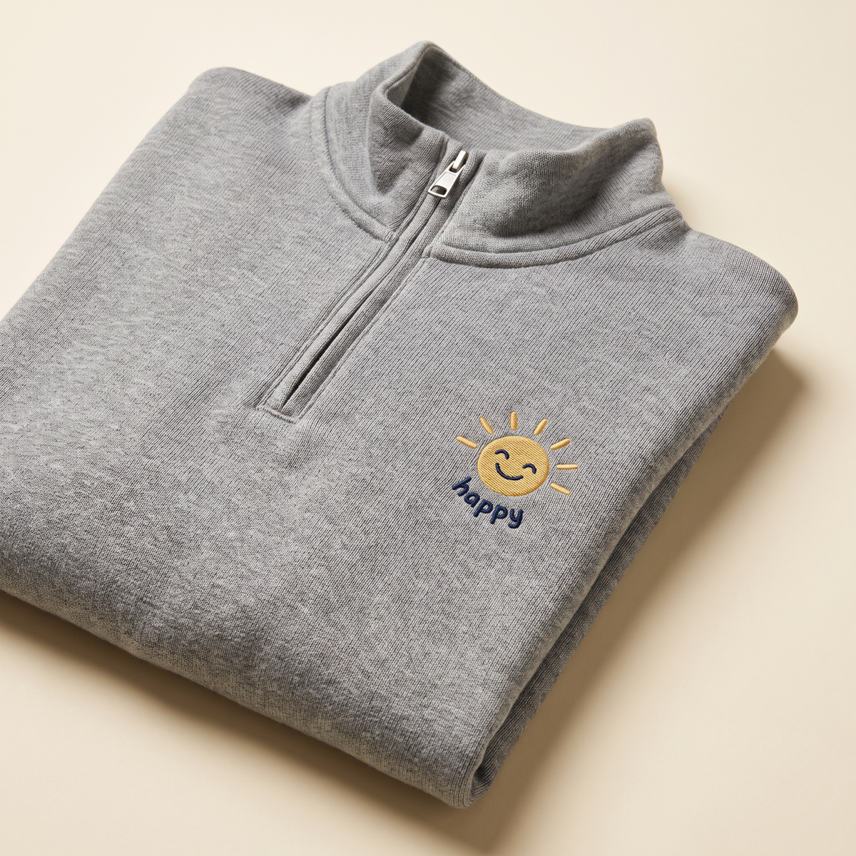 Happy Nostalgix branded quarter-zip pullover