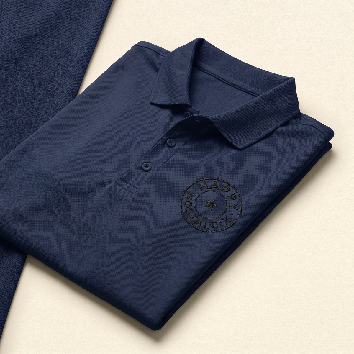 Happy Nostalgix branded dri-fit polo