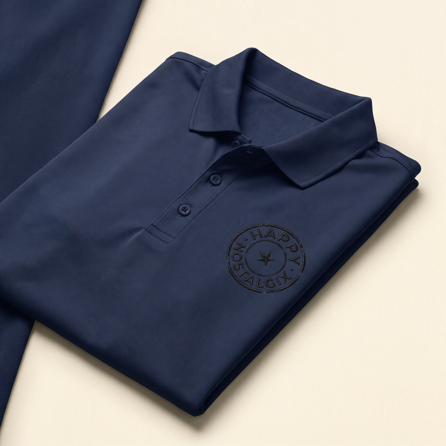 Happy Nostalgix branded dri-fit polo
